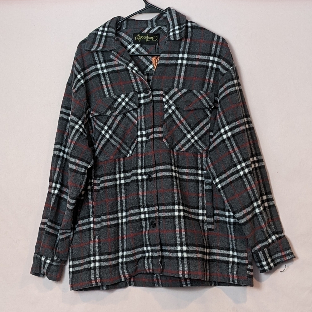Spoon Jeans Gray and Red Plaid Button Up Shacket size Medium